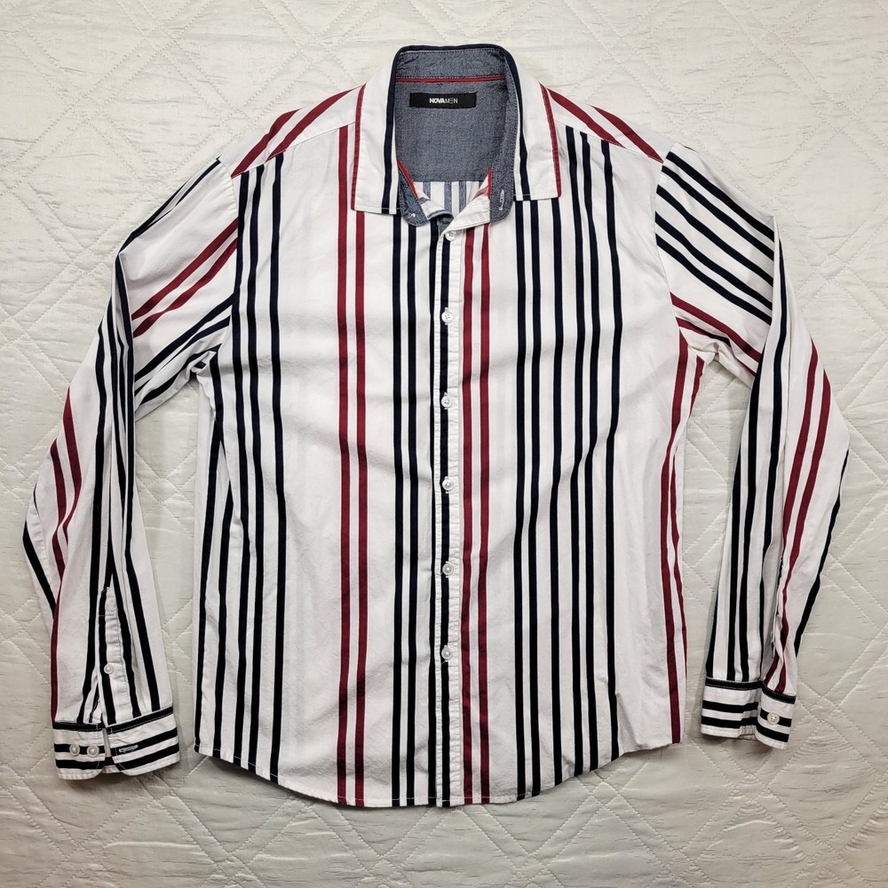 Nova Men red/white/black striped long sleeve dress‎ shirt size M